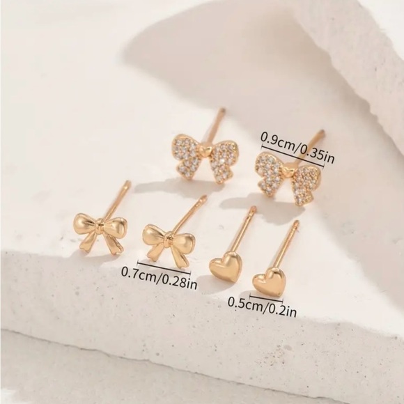 New 3 pairs of gold bow & Heart Stud Earrings, coquette bow jewelry, Bow studs - Picture 3 of 4